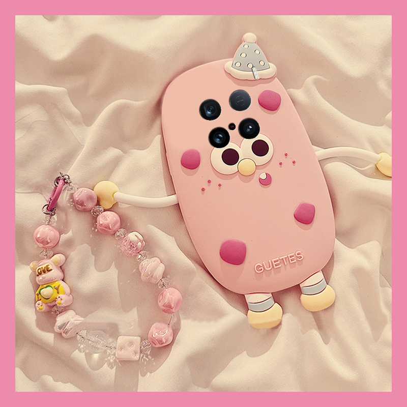 手机壳卡通丑萌草莓小怪带珍珠手链斜跨挂绳