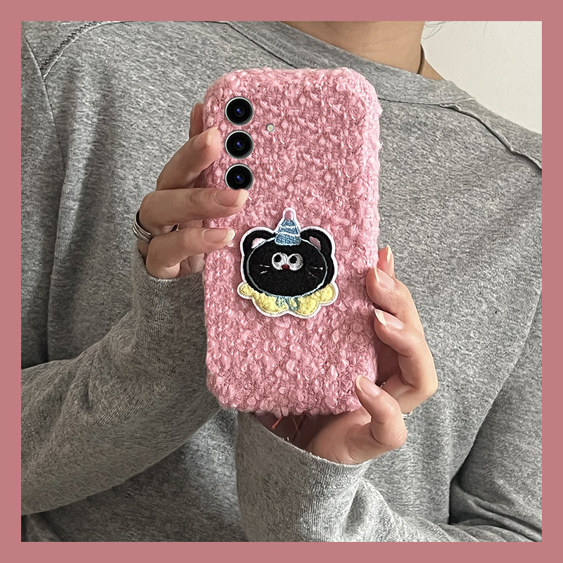 手机壳秋冬绒布卷毛毛绒卡通刺绣帽子小猫