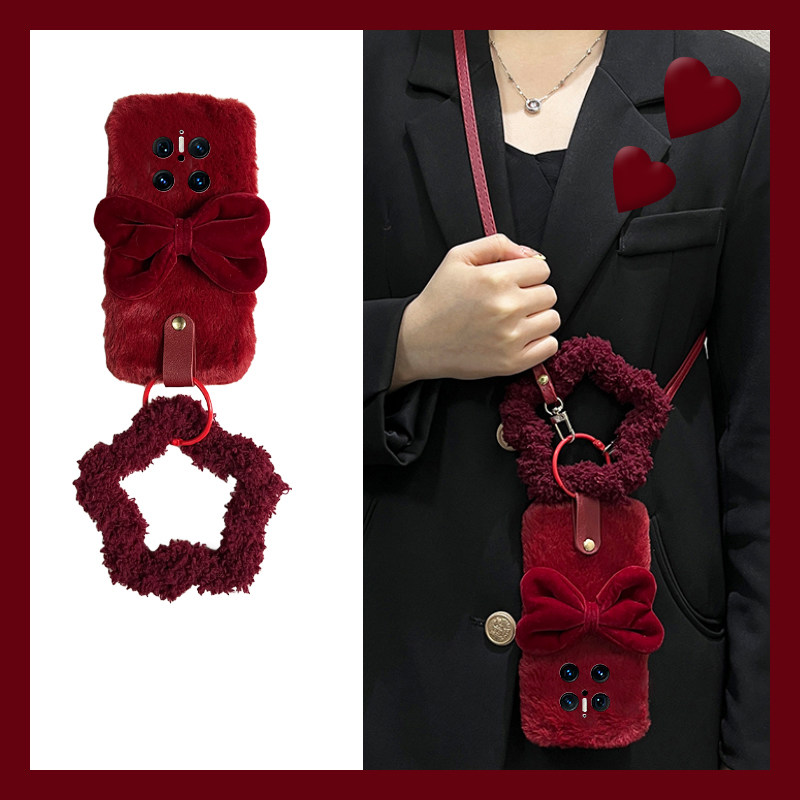 手机壳秋冬毛绒蛇年立体蝴蝶结挂链斜跨挂绳