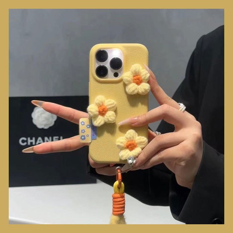 手机壳仿皮皮纹秋冬针织花朵带毛