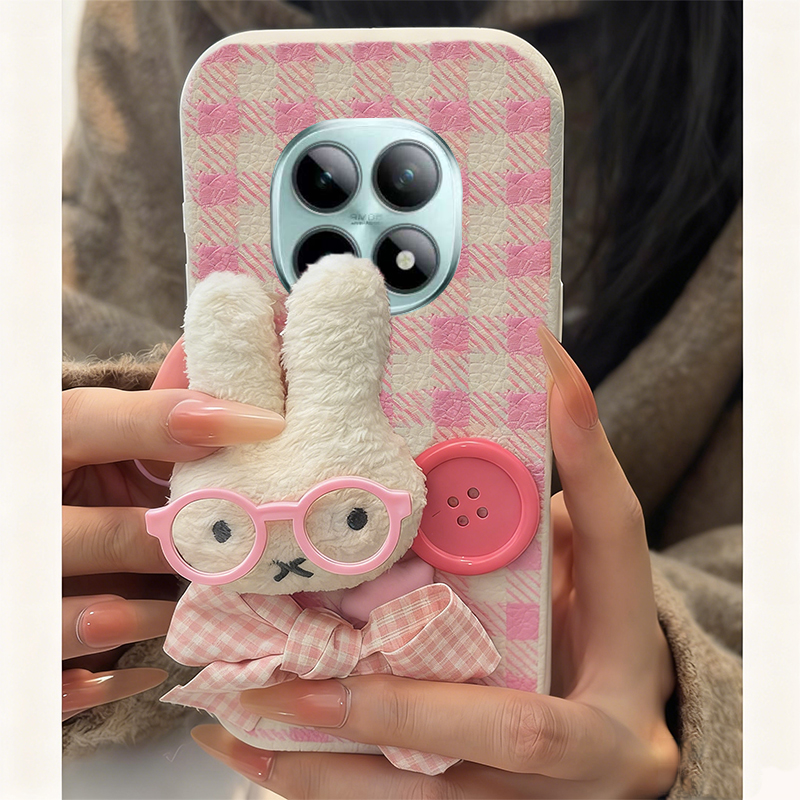手机壳仿皮皮纹格子卡通秋冬毛绒纽扣米菲兔