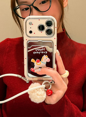 苹果木马卡包适用华为pura80手机壳pure80pro+新年p70卡通p60小马p60por镜面马年十卡套huawei插卡仿皮皮纹女