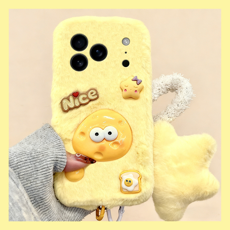 手机壳秋冬毛绒卡通星星吐司奶酪挂件尼龙绳