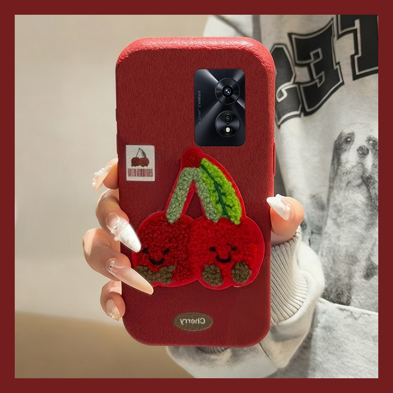 手机壳仿皮皮纹新年红色本命年刺绣樱桃水果