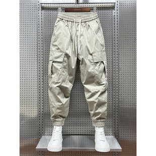 夏季工装裤男潮牌宽松休闲束脚九分裤哈伦秋季痞帅卡其色裤子男款