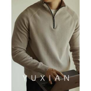 YUXIAN秋冬高捻长绒棉复古半高领拉链纯色套头针织长袖毛衣男士