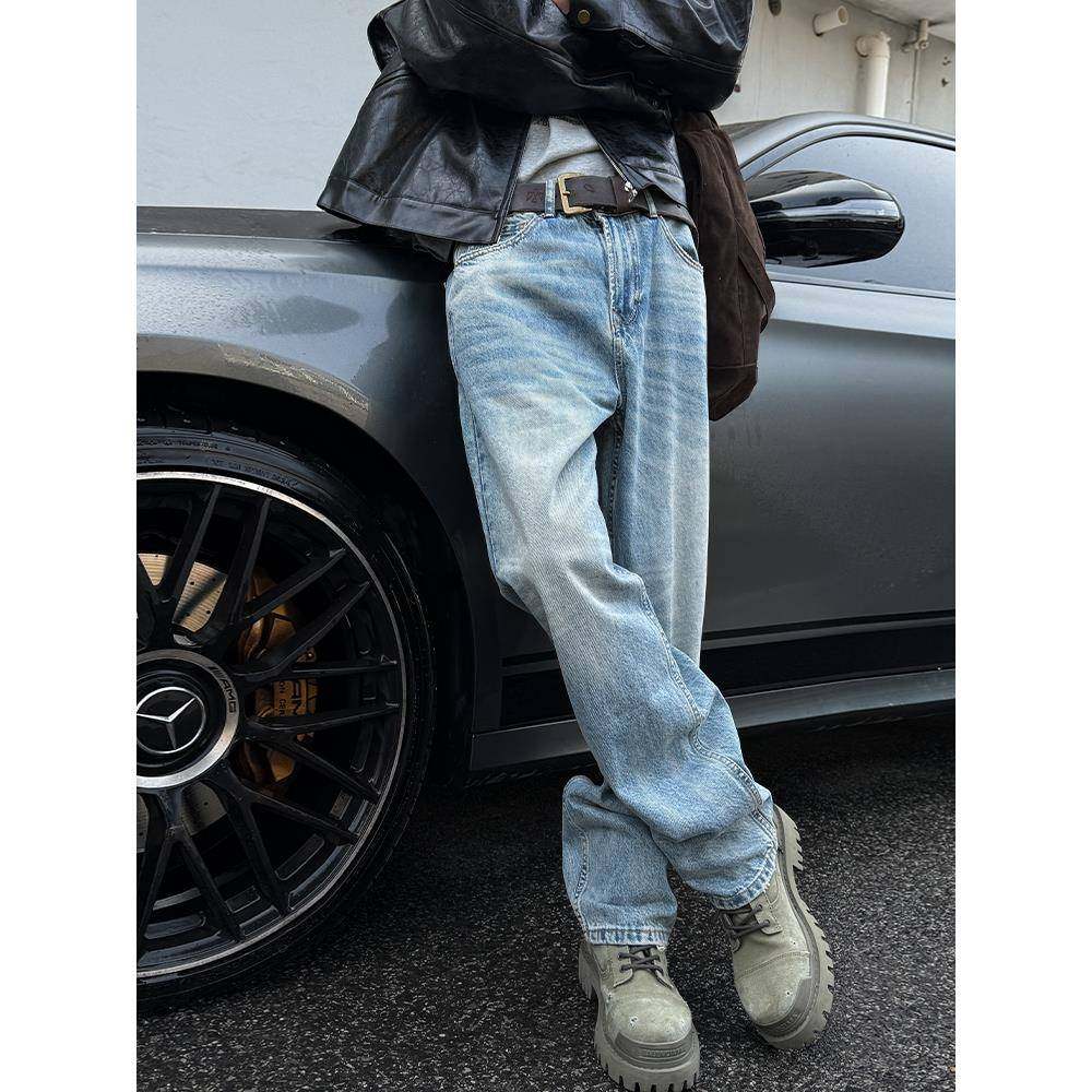 MANCHER 美式复古水洗蓝色牛仔裤男做旧纹理baggy宽松直筒长裤潮