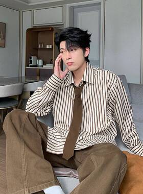 Hualun春秋蓝色条纹衬衫男长袖宽松纯棉衬衣男款2026新款休闲上衣