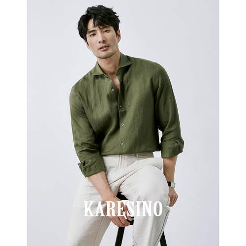 KARESINO高端雨露麻温莎领100亚麻衬衫男装商务休闲老钱衬衫长袖