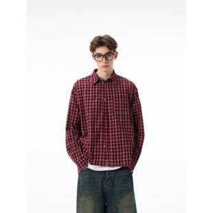 MADWITCH美式复古红色格子衬衫外套男女宽松休闲新款长袖外套上衣