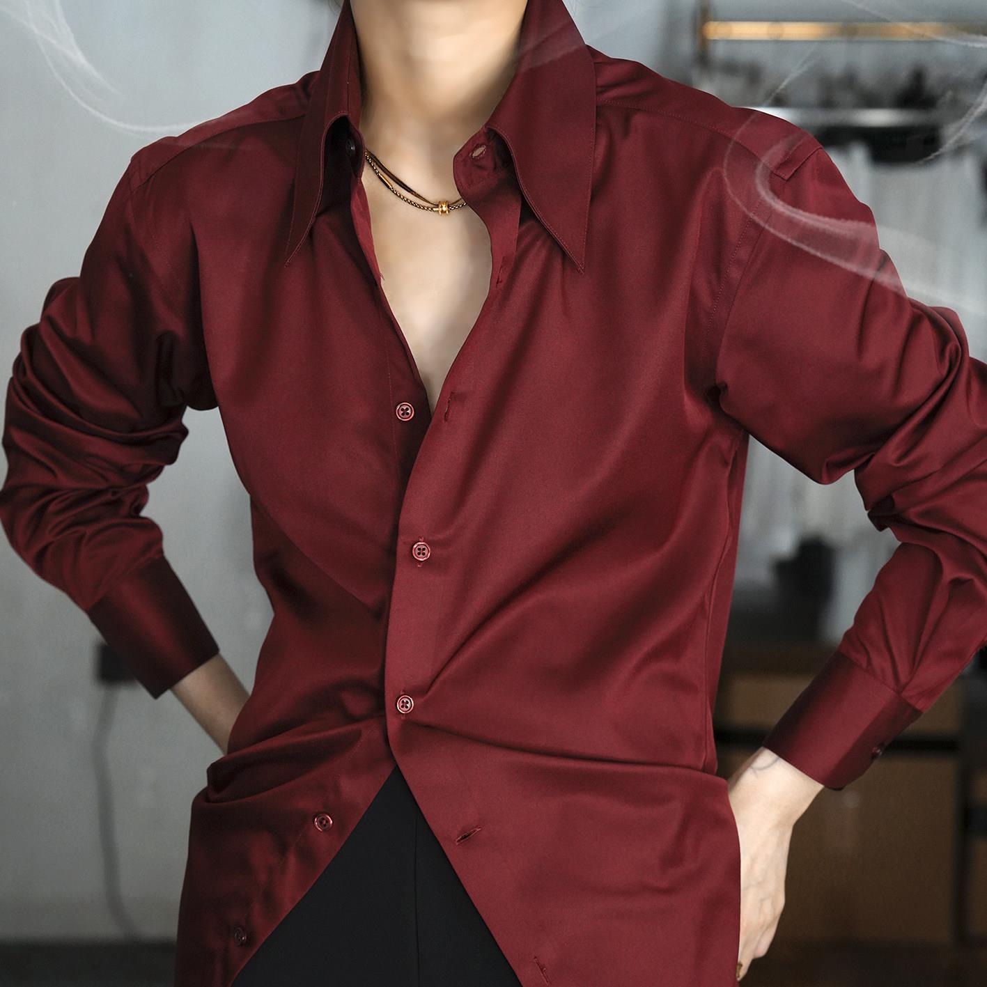 color意式雅痞丝光高级红色大尖领免熨烫抗皱商务正装男女长袖衬