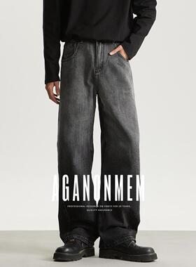 AGANONMEM复古宽松休闲水洗阔腿黑色牛仔裤高街百搭长裤男2025款