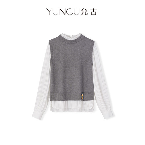 YUNGU允古【伦敦画报】松弛感通勤复古假两件针织背心衬衫女C