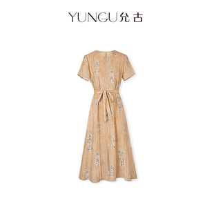 YUNGU允古 2026新款亚麻天丝洋气连衣裙女薄款修身显瘦短袖连衣裙