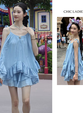 张艺凡同款不规则蓝色挂脖吊带连衣裙女夏季度假风露背a字短裙子