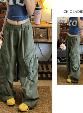 Chic美式复古军绿色多口袋工装裤男女宽松休闲设计感直筒阔腿裤潮