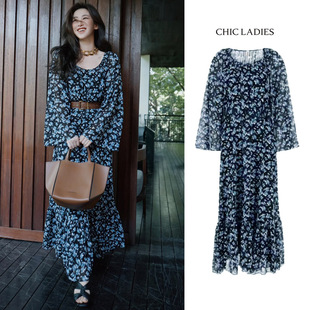 朱珠同款 雪纺裙度假风宽松气质长裙 法式 复古碎花连衣裙女2025爆款