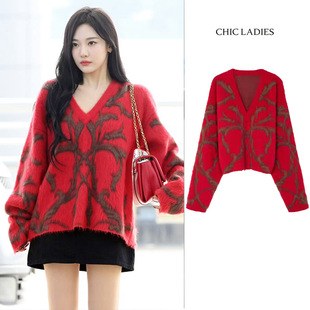 宁艺卓同款红色V领针织衫女秋冬季情侣上衣宽松慵懒风马海毛毛衣