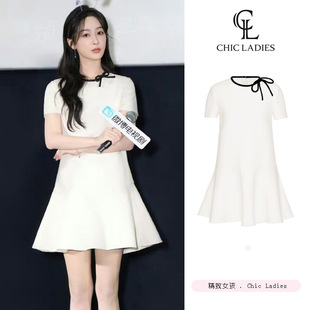 白色圆领短袖 长相思杨紫同款 连衣裙女夏设计感蝴蝶结收腰气质短裙