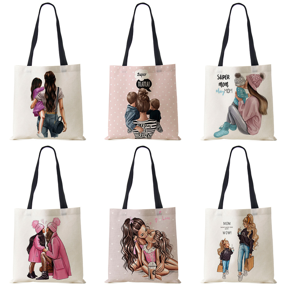 Cute Cartoon Super Mama Print Linen Tote Bag Reusable Should