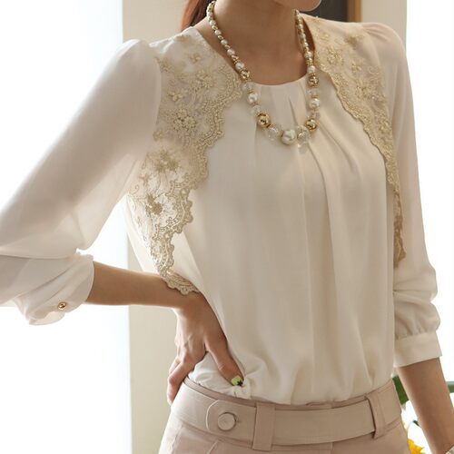 Women Loose Chiffon Blouse Feminine Lace Embroidery Patchwor