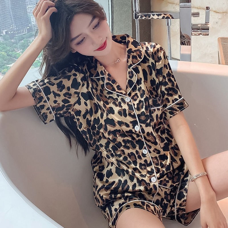 New Silk Pajamas for Women Sweet Leopard Pyjamas Woman Elega