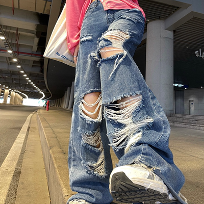 Spring and Autumn Women's set jeans Ripped jeans High waiste
