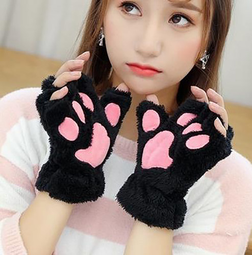 Women Bear Plush Cat Paw Claw Gloves Winter Faux Fur Cute Ki