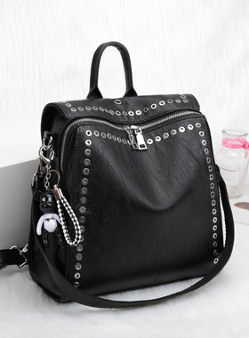 New Women Genuine Leather Backpack Rivet Multifunctional Bac
