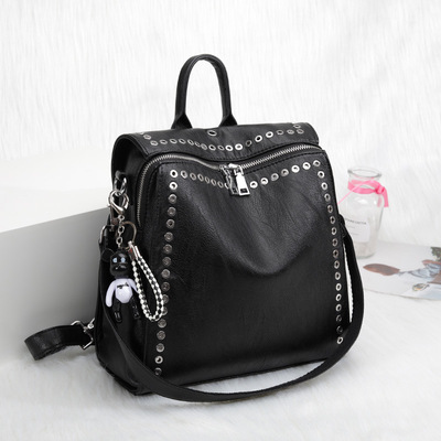 New Women Genuine Leather Backpack Rivet Multifunctional Bac
