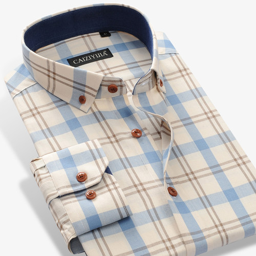Men's 100% Cotton Long Sleeve Contrast Plaid Checkered Shirt