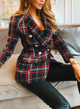 Red Plaid Blazer 2021 Women Spring-Autumn Vintage Tweed Suit