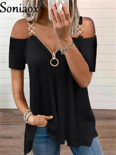 Zipper V Neck Off Shoulder Short Sleeve Shirt Women's Sexy S