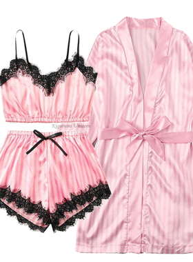 New 3 Pieces Women Pajamas Sets Faux Silk Pajamas Sleepwear