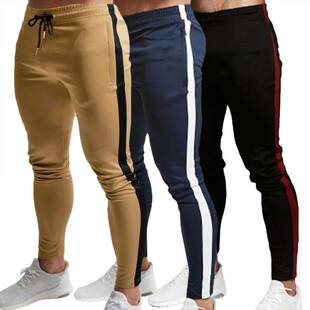 Mens Pants Skinny Elastic Waist Jogging Striped Side Sports
