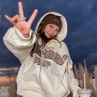 Letter Printing Hoodies Women High Set Retro Loose Simple Sw