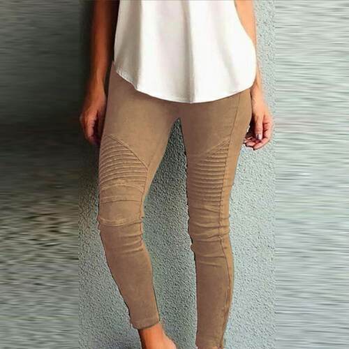 Women Fashion Solid Color Elastic Waistband Slim Skinny Penc