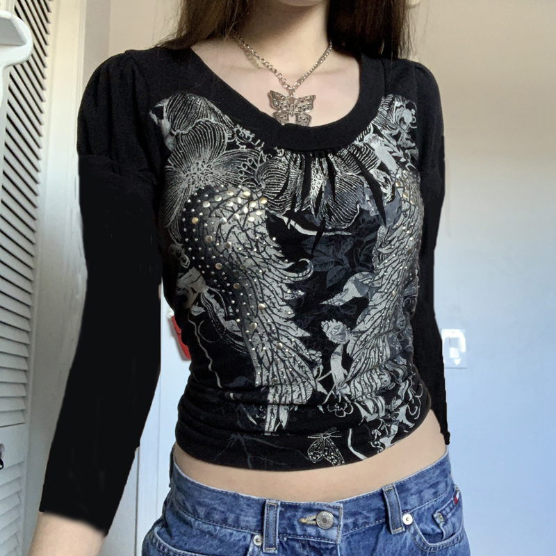 Xingqing Y2K Long Sleeve Tops Goth Print Cute Graphic T Shir
