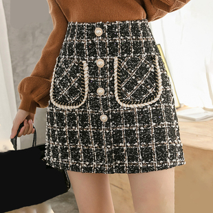 Tweed Skirts Women Autumn Winter Pearl Button Mini Pencil Sk