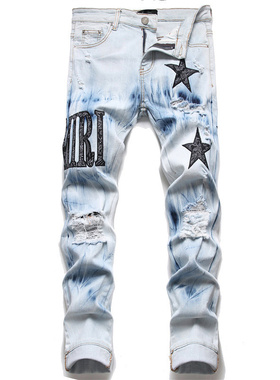 European Jean Hombre Letter Star Jean Men Embroidery Patchwo
