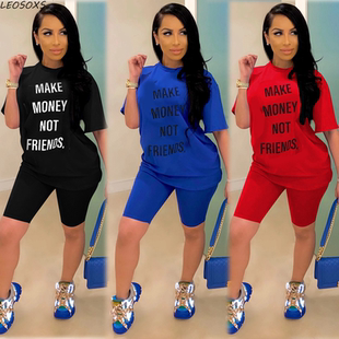Women Set Plus Print Size Shorts Tracksuit Biker Letter Top
