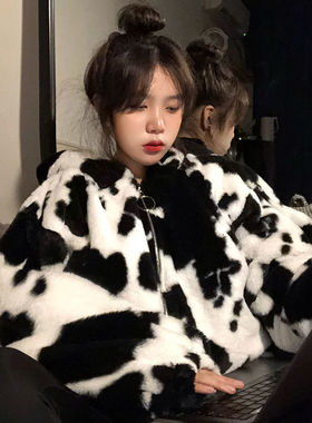 Hoodies Women Winter Furry Cows Pattern Hooded Coat Women's