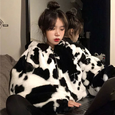 Hoodies Women Winter Furry Cows Pattern Hooded Coat Women's