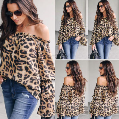 New Hot Women Off Shoulder Shirt Long Sleeve Blouse Leopard