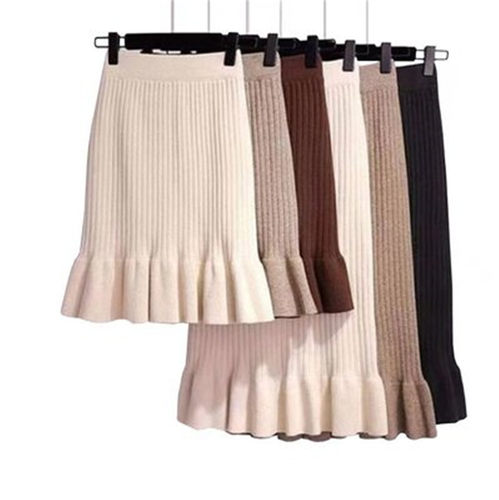Women Skirt Knitted High Waist Pleated Lady Skirts Solid Ela