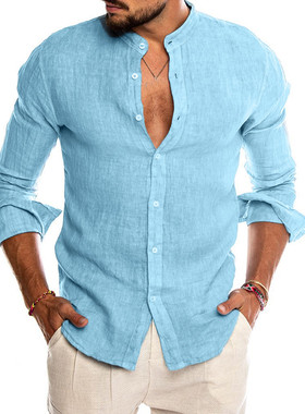 2022 New Men's Casual Blouse Cotton Linen Shirt Loose Tops S