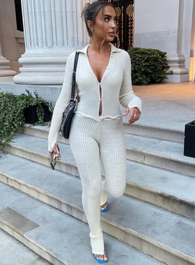 Tossy Skinny Two Piece Set Women Knit V-Neck Long Sleeve Top