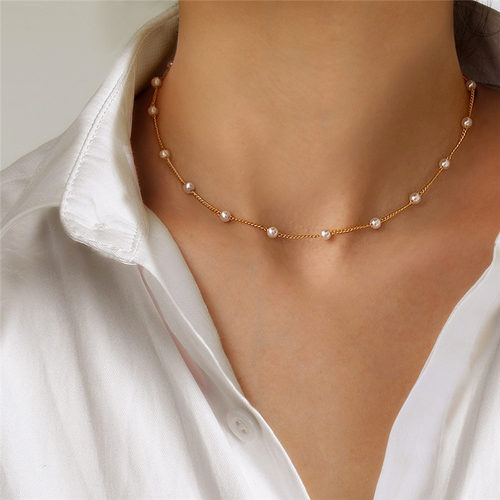 New Beads Women's Neck Chain Kpop Pearl Choker Necklace Gold