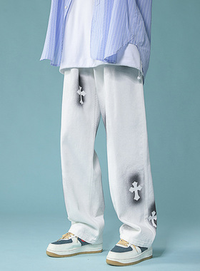 Men's Denim Pants Fashion Loose Wide Leg Jeans Casual Setwea