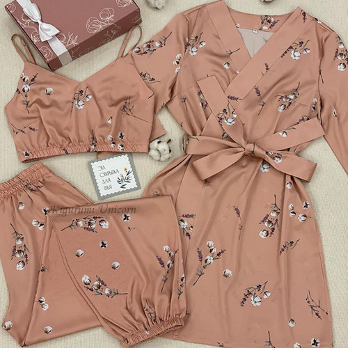 Cotton flower Print Pajamas Set Robe Sleepwear Suit Womens S